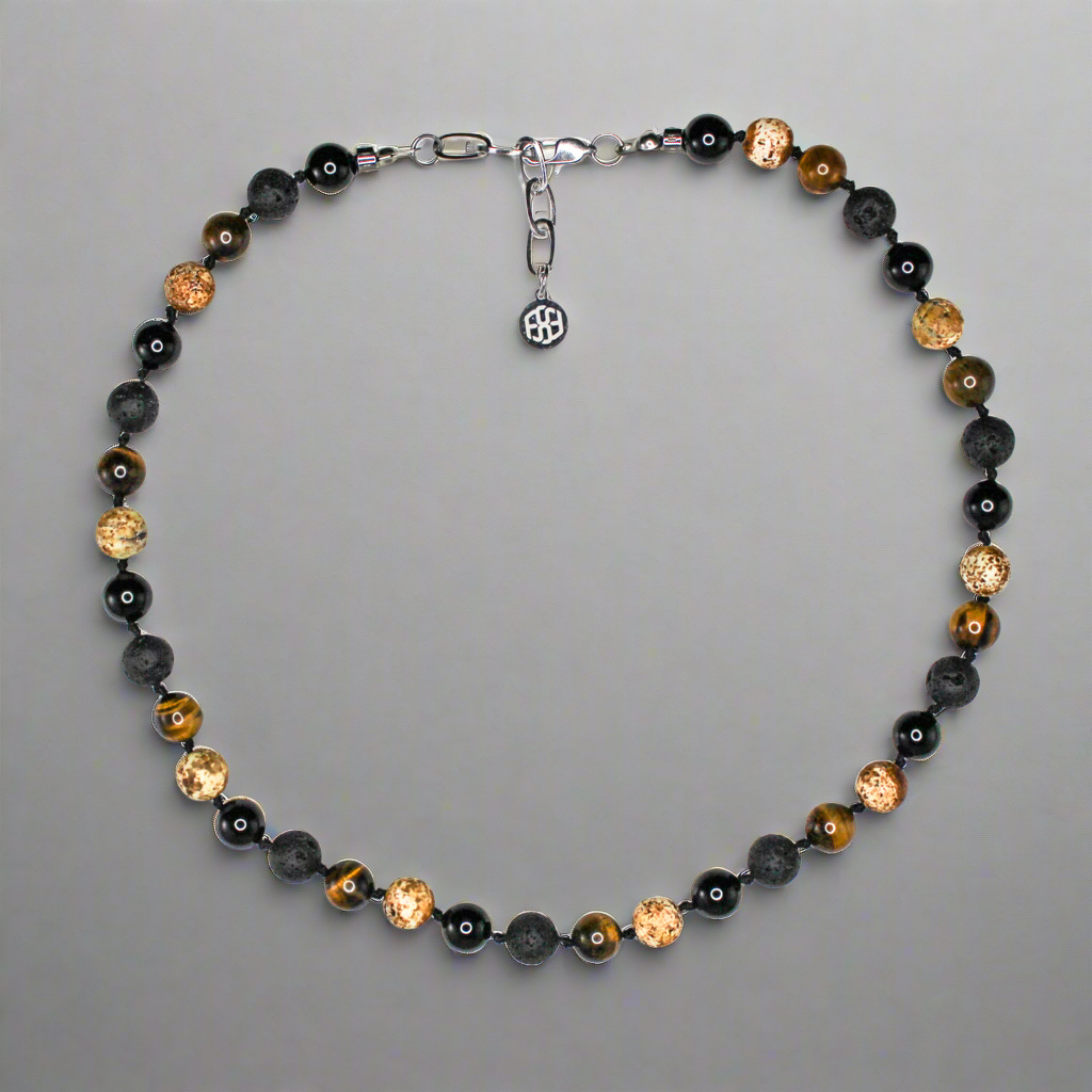 11402 Men's 10mm Handknotted Necklace in Black Onyx, Lava Stone, Tiger’s Eye and Wood Texture Agate