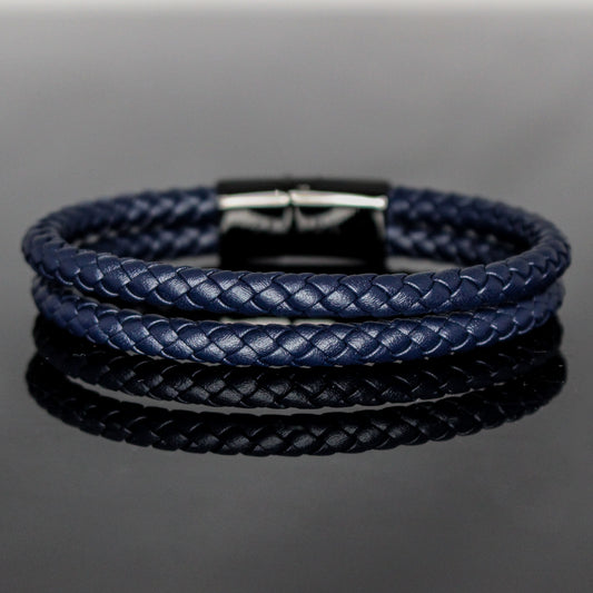 4035 Men’s Double-Layer Dark Blue Round Leather Bracelet with Black Slide Clasp