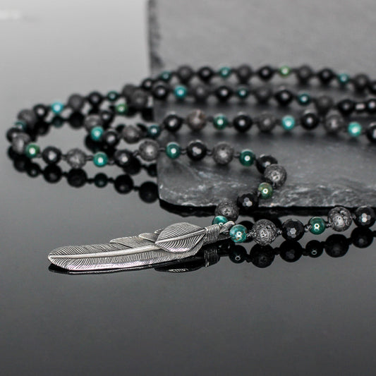 11416 Men's Handknotted Mixed Stone Necklace with Falcon Feather Pendant