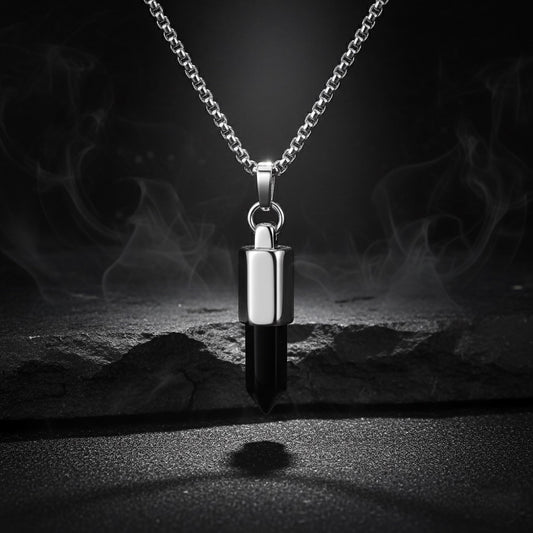 13217 Men’s Black Onyx Bullet Head Pendant Stainless Steel Necklace