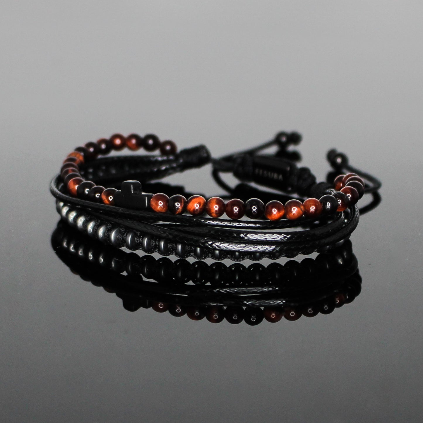 2233 Men’s Black Cross Multi-Layer Bracelet with Red Tiger’s Eye and Matte Black Hematite