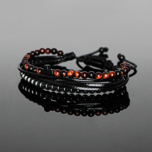 2233 Men’s Black Cross Multi-Layer Bracelet with Red Tiger’s Eye and Matte Black Hematite