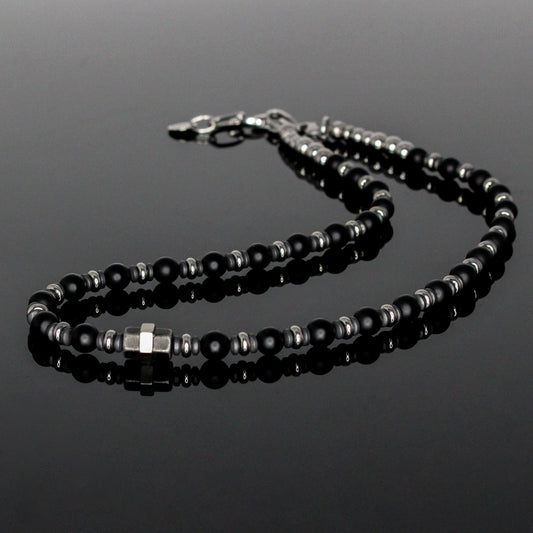 11123 Men’s 6mm Beaded Choker Necklace with Matte Black Onyx, Matte Hematite, and Stainless Steel