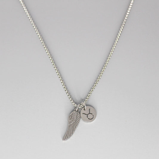 13209 Men’s Zodiac Taurus with Archangel Wing Double Pendant Necklace