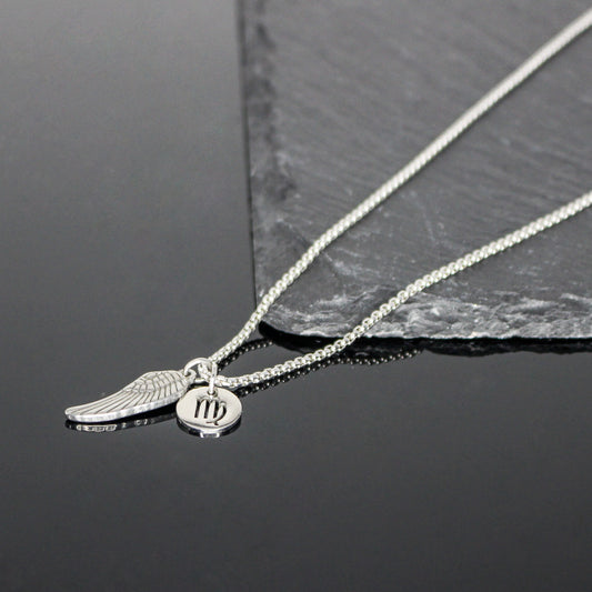 13209 Men’s Zodiac Virgo with Archangel Wing Double Pendant Necklace