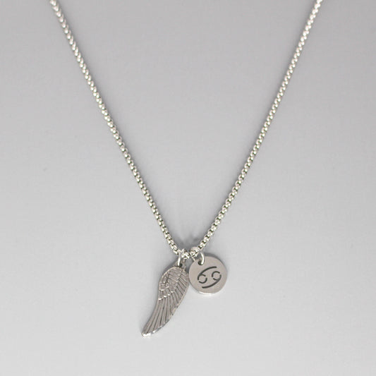 13209 Men’s Zodiac Cancer with Archangel Wing Double Pendant Necklace