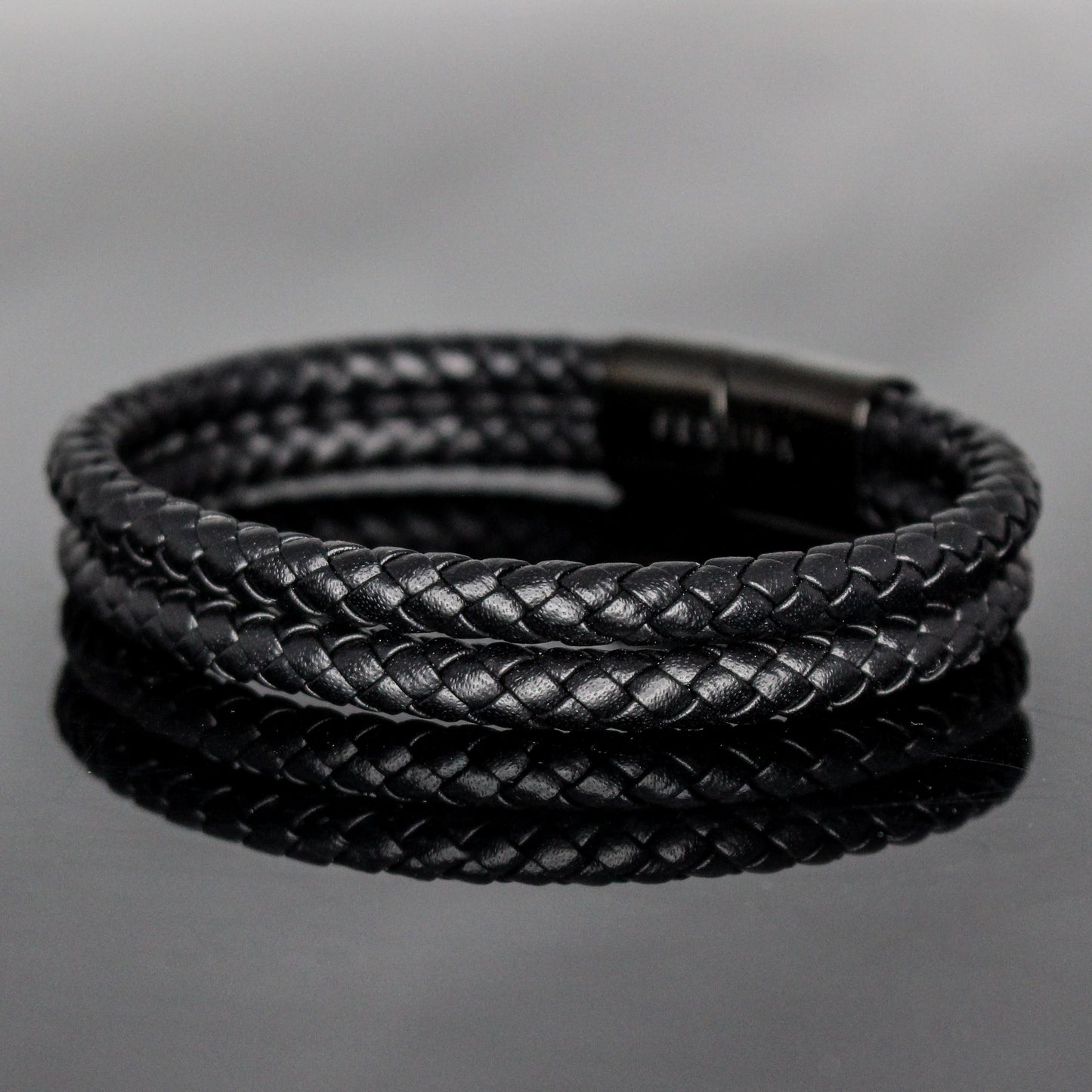 4035 Men’s Double-Layer Black Round Leather Bracelet with Black Slide Clasp