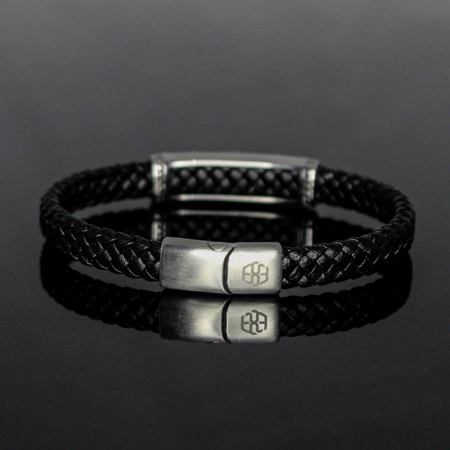 4032 Men’s Flat Black Leather Bracelet with Hollow Steel Design