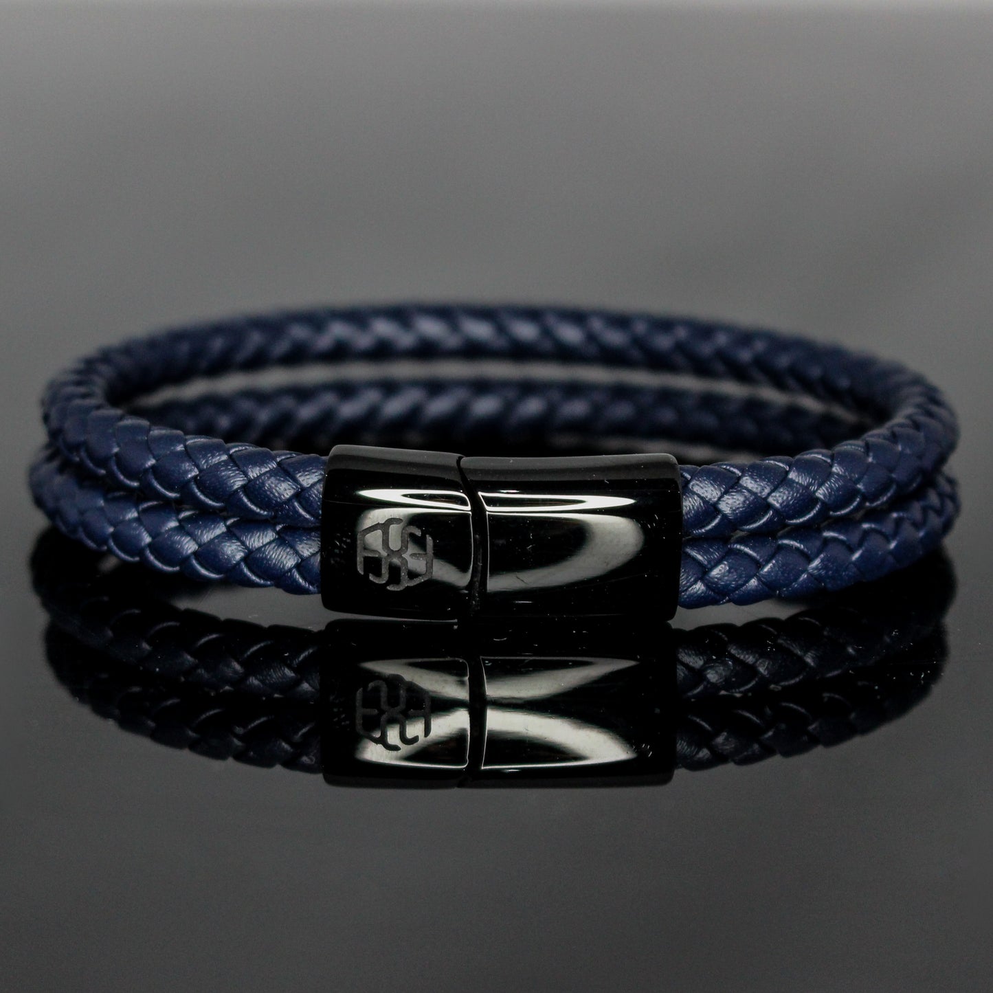 4035 Men’s Double-Layer Dark Blue Round Leather Bracelet with Black Slide Clasp