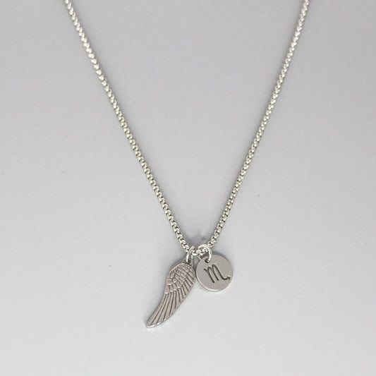 13209 Men’s Zodiac Scorpio with Archangel Wing Double Pendant Necklace