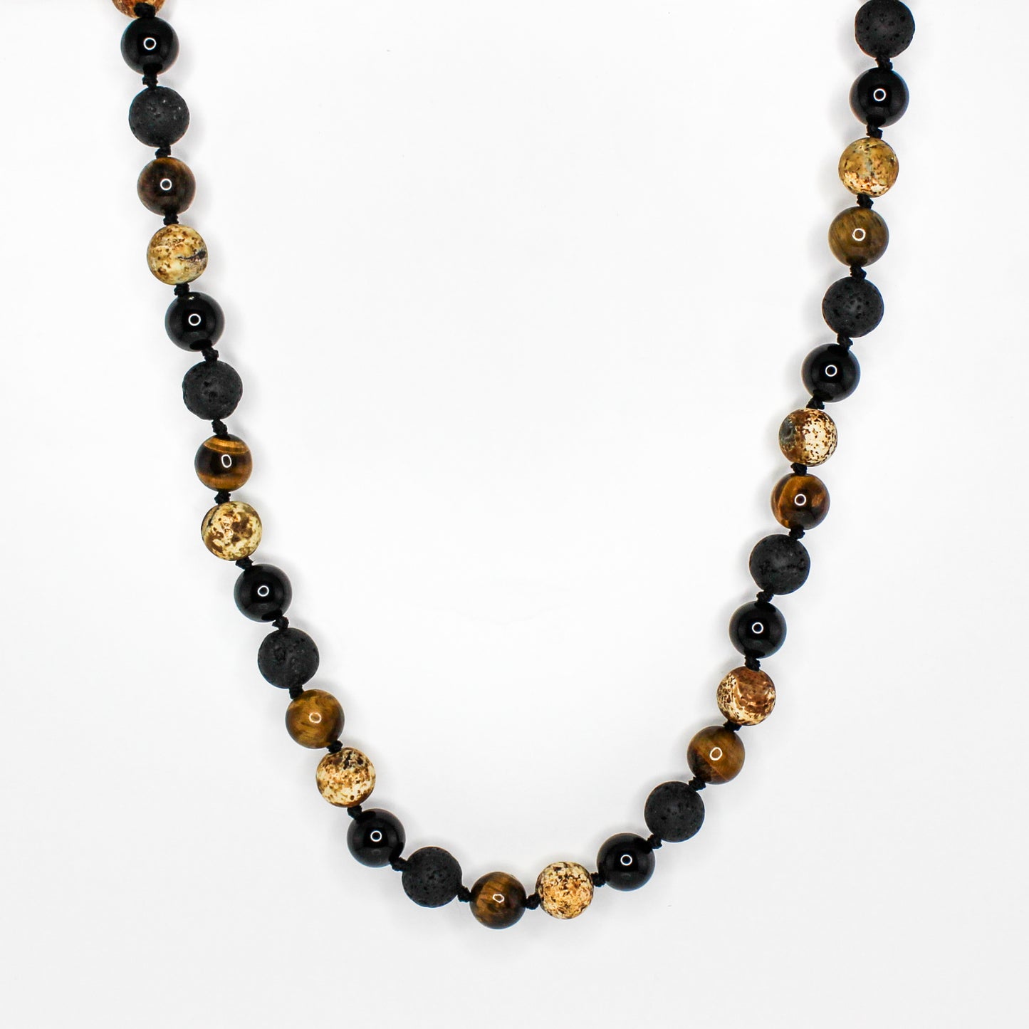 11402 Men's 10mm Handknotted Necklace in Black Onyx, Lava Stone, Tiger’s Eye and Wood Texture Agate