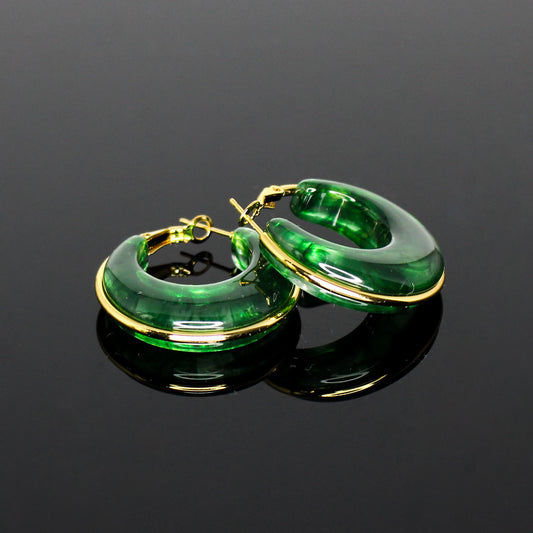 16187 Women’s Translucent Emerald Resin Stainless Steel Hoop Earrings