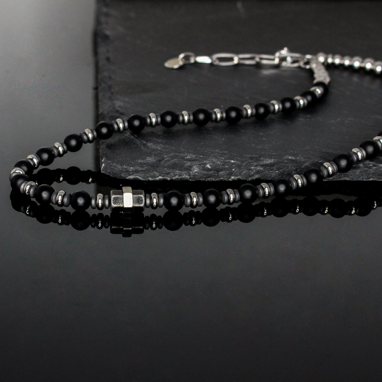 11123 Men’s 6mm Beaded Choker Necklace with Matte Black Onyx, Matte Hematite, and Stainless Steel