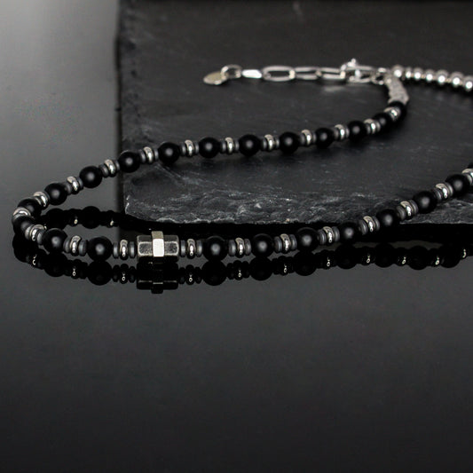 11123 Men’s 6mm Beaded Choker Necklace with Matte Black Onyx, Matte Hematite, and Stainless Steel