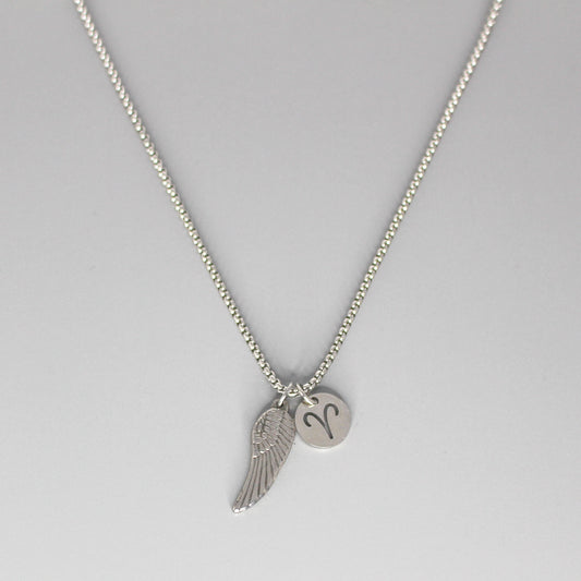 13209 Men’s Zodiac Aries with Archangel Wing Double Pendant Necklace