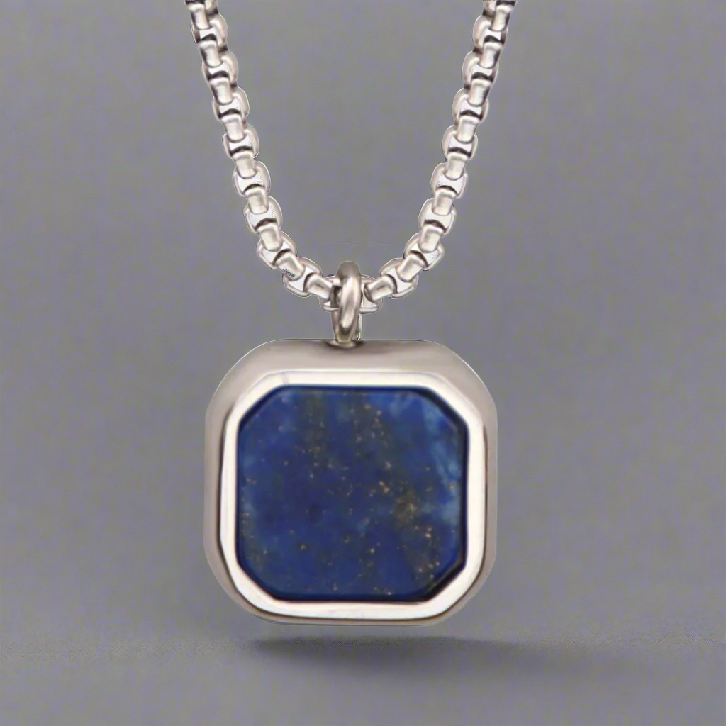 13204 Men’s Necklace Stainless Steel with Lapiz Lazuli Square Pendant