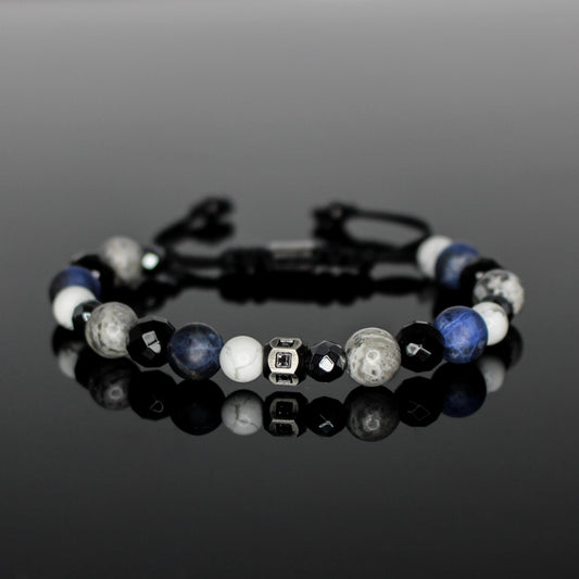 2237 Men’s Mixed Stone Bracelet with Matte Dark Blue Sodalite, White Howlite, Gray Landscape Jasper, Hematite and Black Onyx