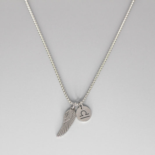 13209 Men’s Zodiac Libra with Archangel Wing Double Pendant Necklace