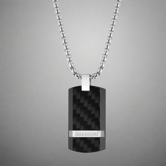 13152 Men’s Long Chain Stainless Steel Necklace with Carbon Fiber Pendant