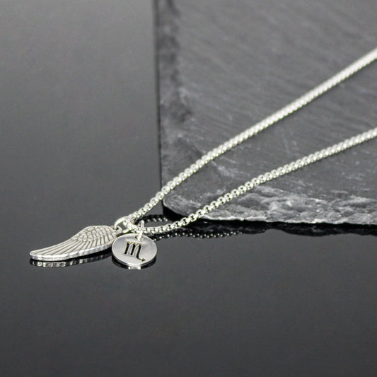 13209 Men’s Zodiac Scorpio with Archangel Wing Double Pendant Necklace