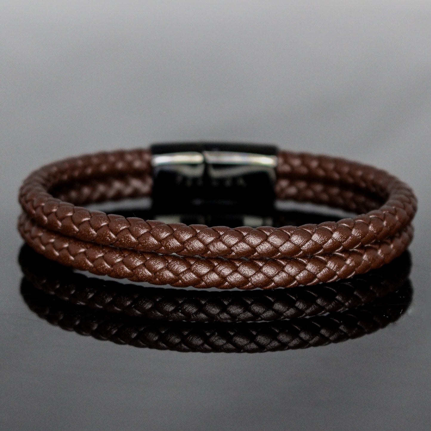 4035 Men’s Double-Layer Brown Round Leather Bracelet with Black Slide Clasp