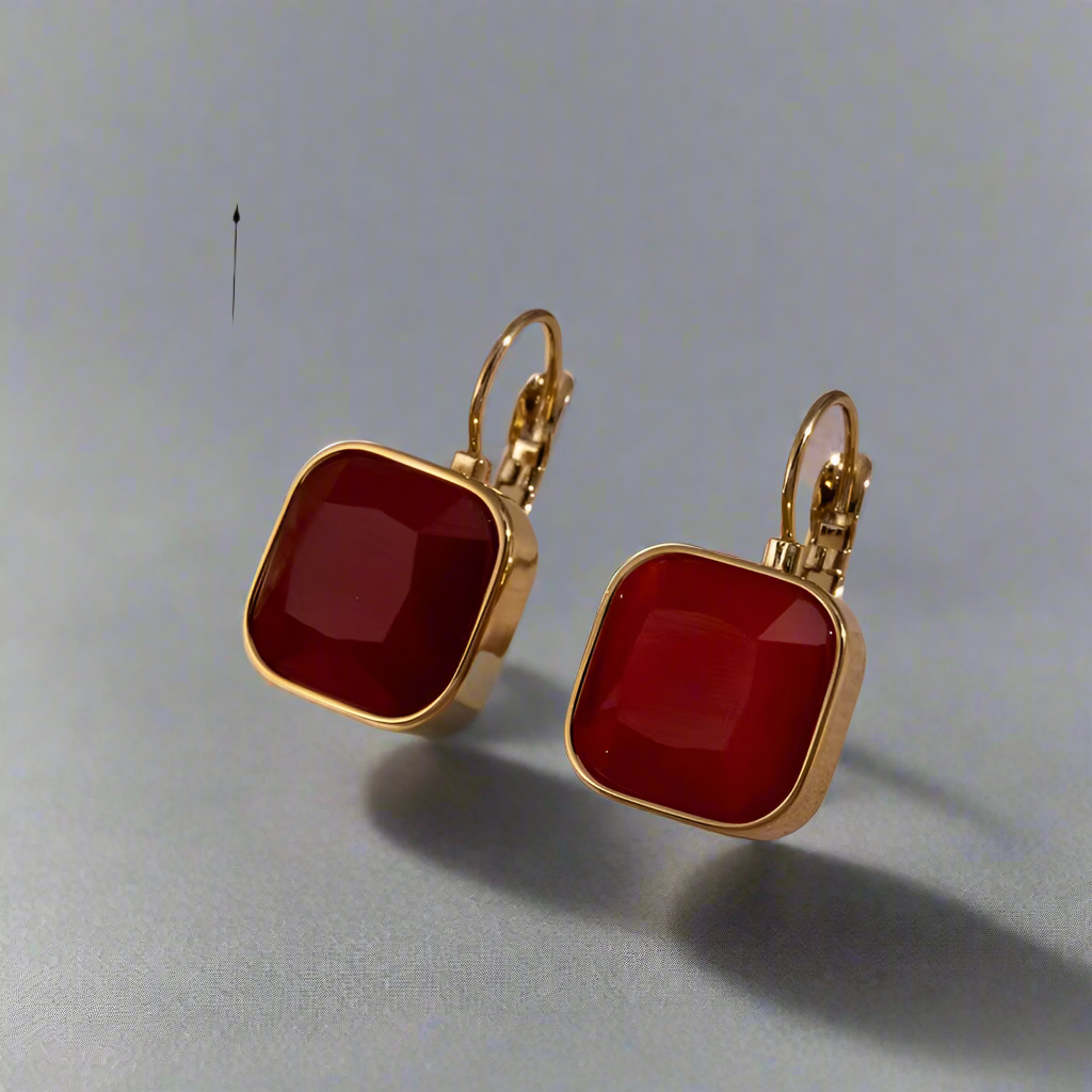 16184 Women’s Red Crystal Rhinestones Gold Plated Stainless Steel Hoop Earrings