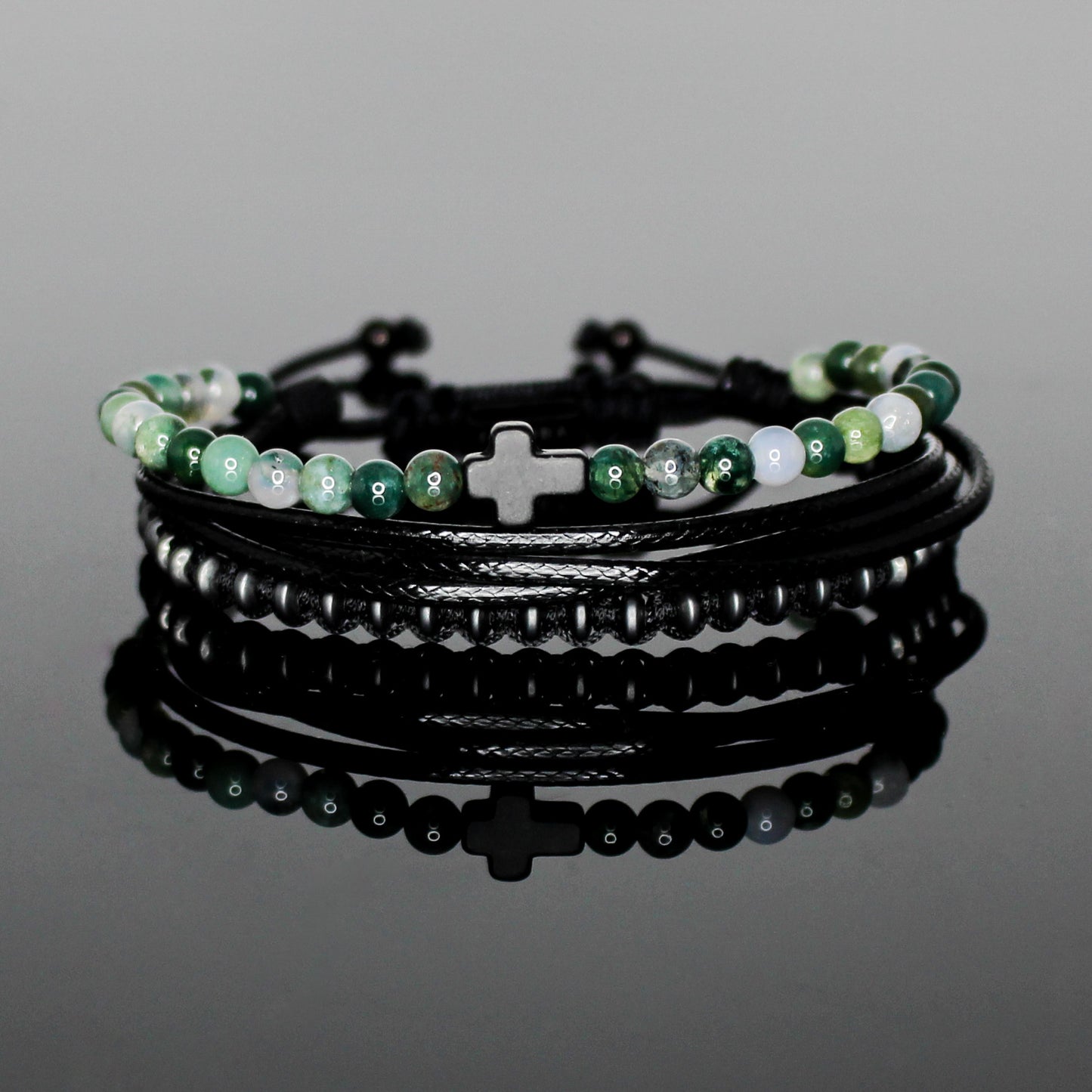 2231 Men’s Black Cross Multi-Layer Bracelet with Moss Agate and Matte Black Hematite