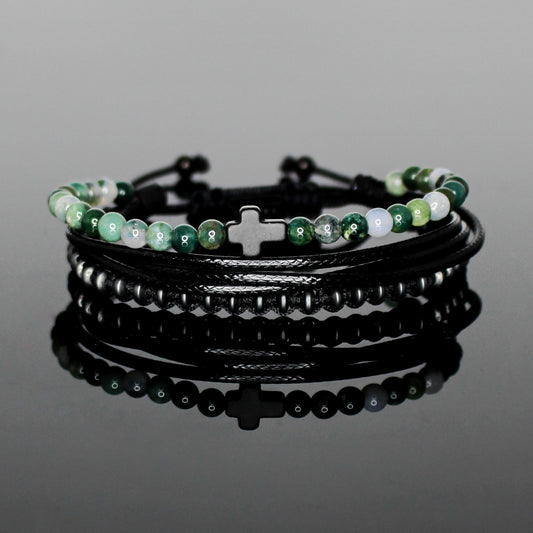 2231 Men’s Black Cross Multi-Layer Bracelet with Moss Agate and Matte Black Hematite