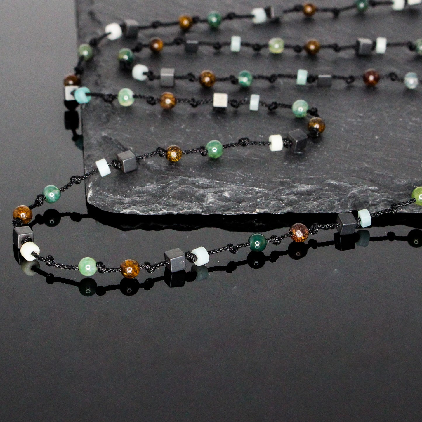 11122 Men's Minimalist Hand-Knotted Necklace with Matte Hematite, Bronzite, Moss Agate and Amazonite