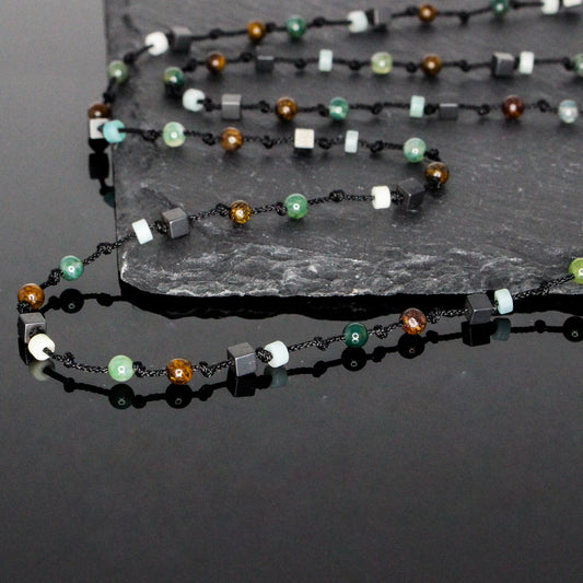 11122 Men's Minimalist Hand-Knotted Necklace with Matte Hematite, Bronzite, Moss Agate and Amazonite