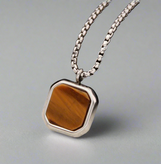 13204 Men’s Necklace Stainless Steel with Tiger's Eye Square Pendant