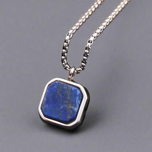 13204 Men’s Necklace Stainless Steel with Lapiz Lazuli Square Pendant