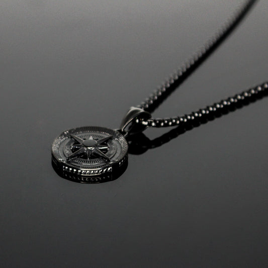 13208 Men’s Necklace Black Stainless Steel with Compass Pendant