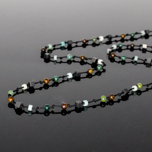 11122 Men's Minimalist Hand-Knotted Necklace with Matte Hematite, Bronzite, Moss Agate and Amazonite