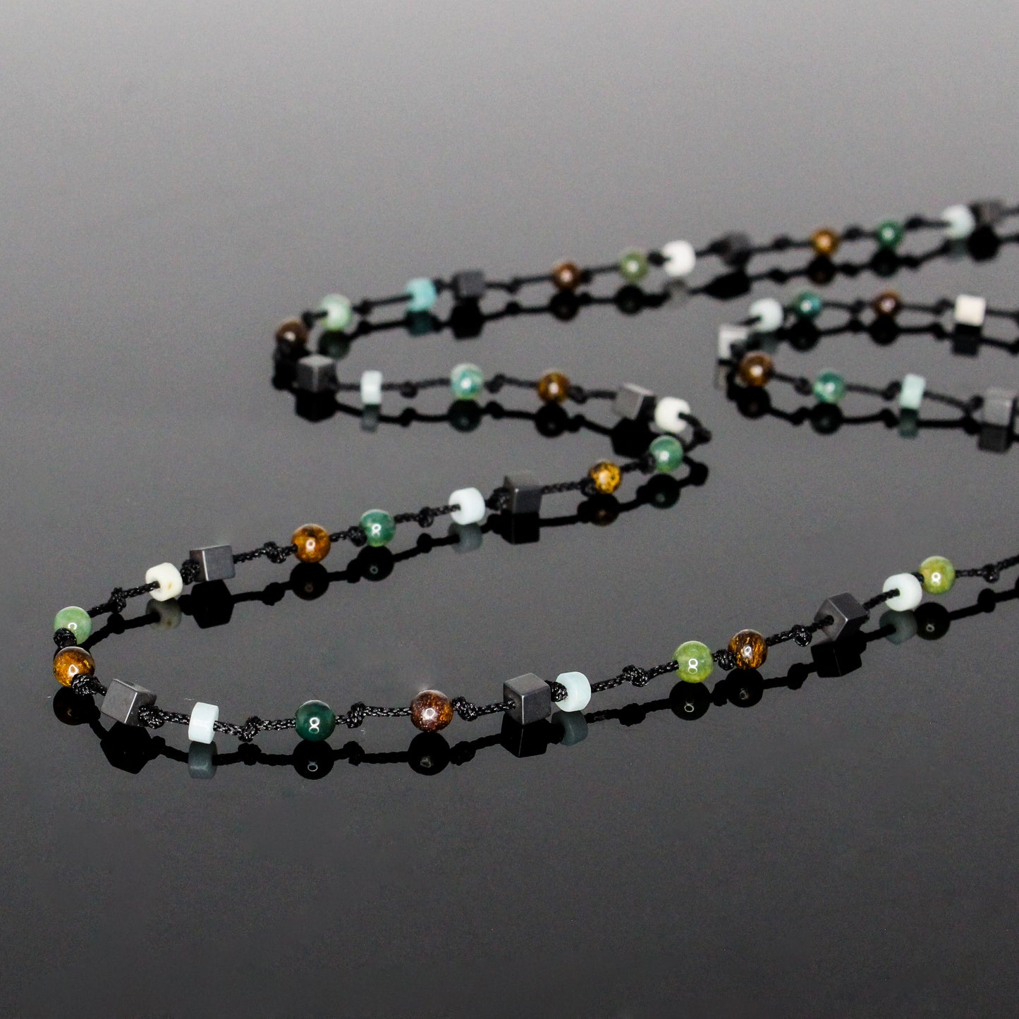 11122 Men's Minimalist Hand-Knotted Necklace with Matte Hematite, Bronzite, Moss Agate and Amazonite