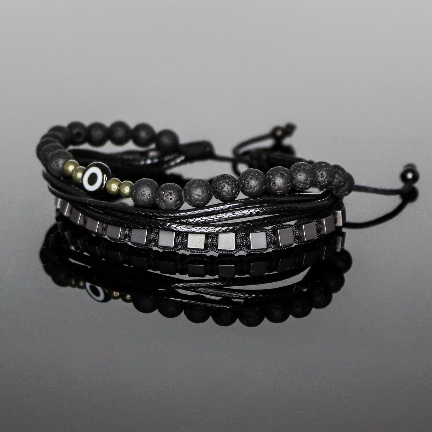 2225 Men’s Black Evil Eye Multi-Layer Bracelet with Lava Stone, Pyrite and Matte Black Hematite