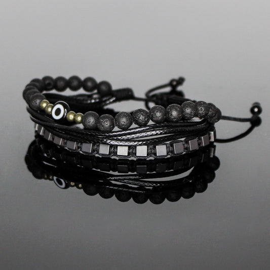 2225 Men’s Black Evil Eye Multi-Layer Bracelet with Lava Stone, Pyrite and Matte Black Hematite