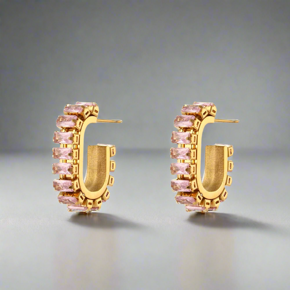 16154 Women’s Micro Pave Pink CZ Gold Plated Stainless Steel Hoops Earrings