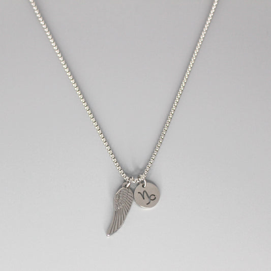 13209 Men’s Zodiac Capricorn with Archangel Wing Double Pendant Necklace
