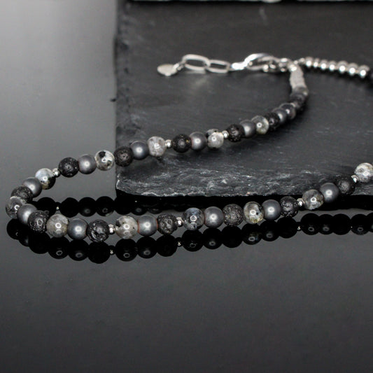 11120 Men's 6mm Beaded Choker Necklace with Lava Stone, Larvikite and Matte Hematite