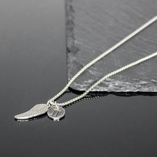 13209 Men’s Zodiac Gemini with Archangel Wing Double Pendant Necklace