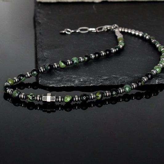 11124 Men’s 6mm Beaded Choker Necklace with Green Rhyolite Kambaba Jasper, Matte Hematite, and Stainless Steel