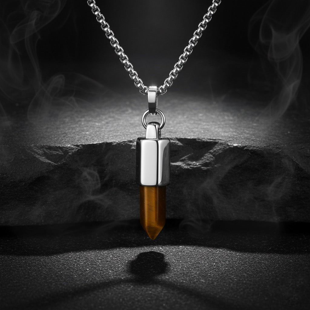 13217 Men’s Tiger’s Eye Bullet Head Pendant Stainless Steel Necklace