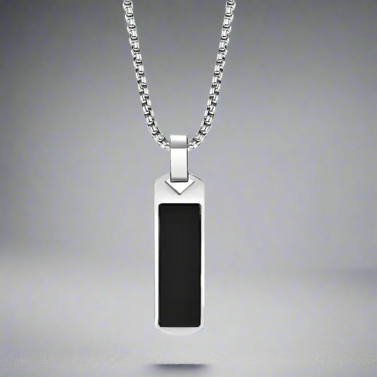 13216 Men’s Black Agate Rectangle Pendant Stainless Steel Necklace