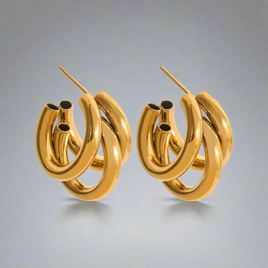 16169 Women’s Triple-Layered Hoops Gold Plated Stainless Steel Earrings