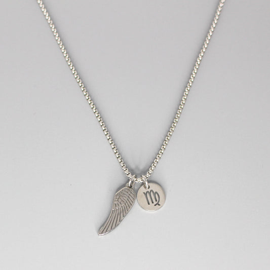 13209 Men’s Zodiac Virgo with Archangel Wing Double Pendant Necklace