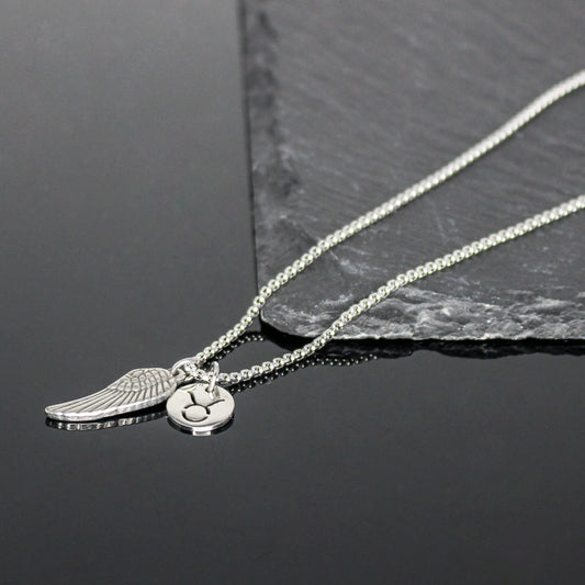 13209 Men’s Zodiac Taurus with Archangel Wing Double Pendant Necklace