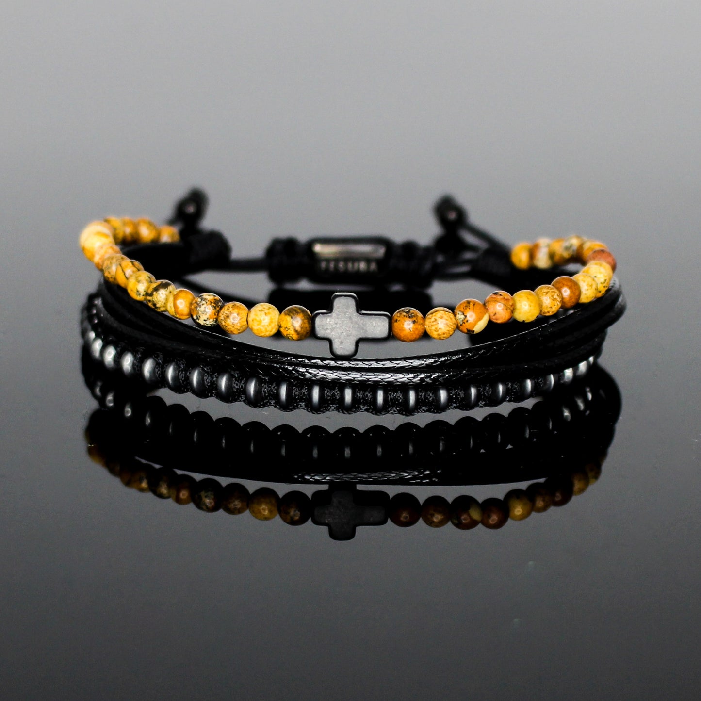 2232 Men’s Black Cross Multi-Layer Bracelet with Picture Jasper and Matte Black Hematite