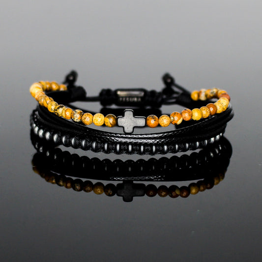 2232 Men’s Black Cross Multi-Layer Bracelet with Picture Jasper and Matte Black Hematite