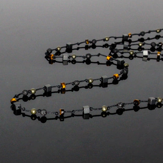 11109 Men's Minimalist Hand-Knotted Necklace with Matte Hematite, Lava Stone, Pyrite and Tiger’s Eye